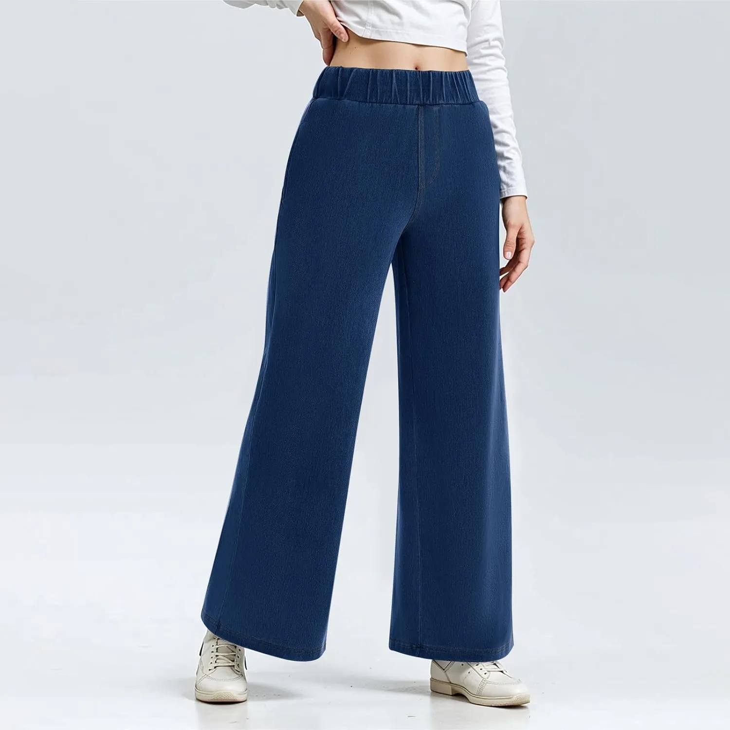 Womens Wide Leg Jeans Elastic Waist Mid Rise Baggy Loose Stretchy Trendy Casual Denim Pants with Pockets