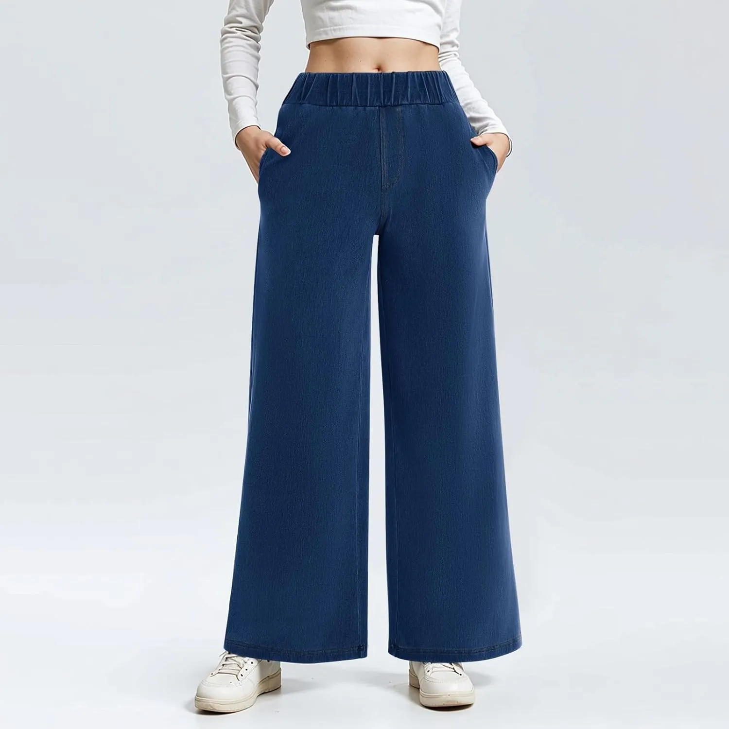 Womens Wide Leg Jeans Elastic Waist Mid Rise Baggy Loose Stretchy Trendy Casual Denim Pants with Pockets