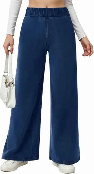Womens Wide Leg Jeans Elastic Waist Mid Rise Baggy Loose Stretchy Trendy Casual Denim Pants with Pockets