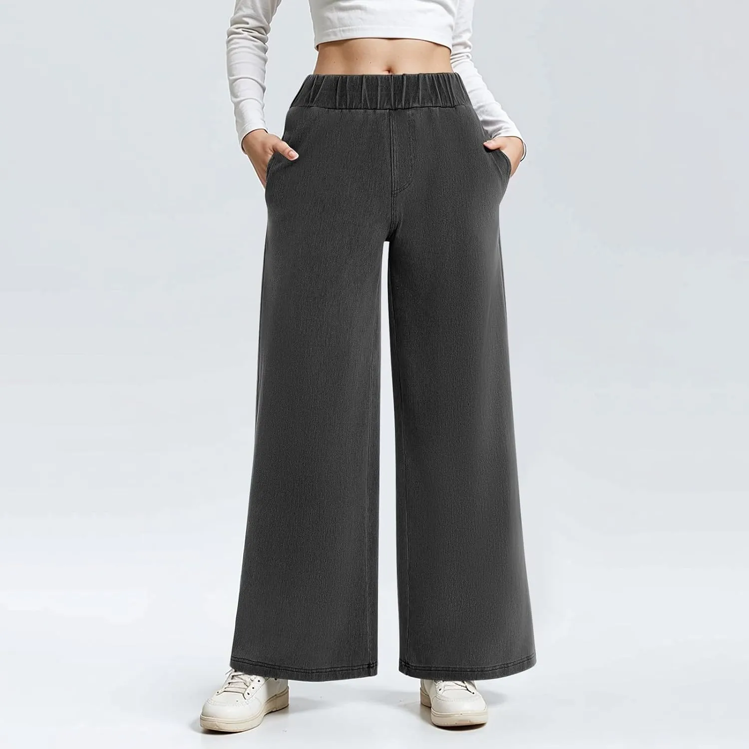 Womens Wide Leg Jeans Elastic Waist Mid Rise Baggy Loose Stretchy Trendy Casual Denim Pants with Pockets