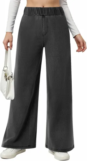 Womens Wide Leg Jeans Elastic Waist Mid Rise Baggy Loose Stretchy Trendy Casual Denim Pants with Pockets