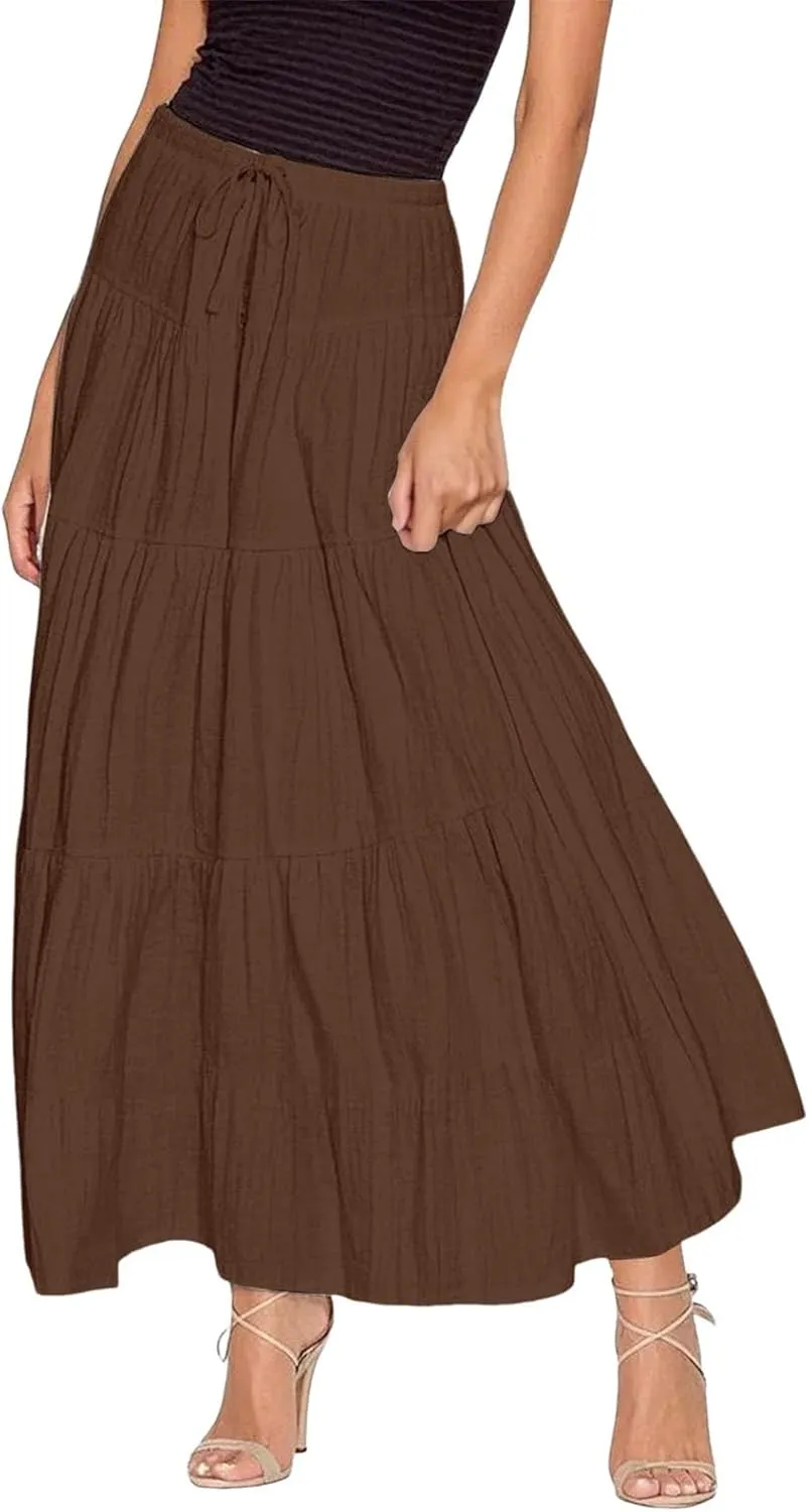 XOWRTE Women's Flowy Flared Ruffle Boho Long Skirt Summer Maxi Skirt A-Line Fashion Trendy Elastic Waist Pleated Beach Dress