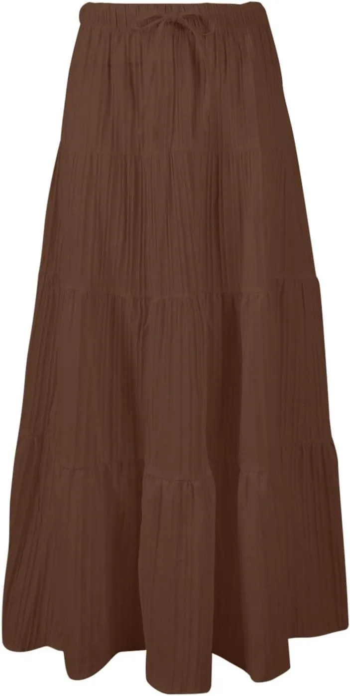XOWRTE Women's Flowy Flared Ruffle Boho Long Skirt Summer Maxi Skirt A-Line Fashion Trendy Elastic Waist Pleated Beach Dress