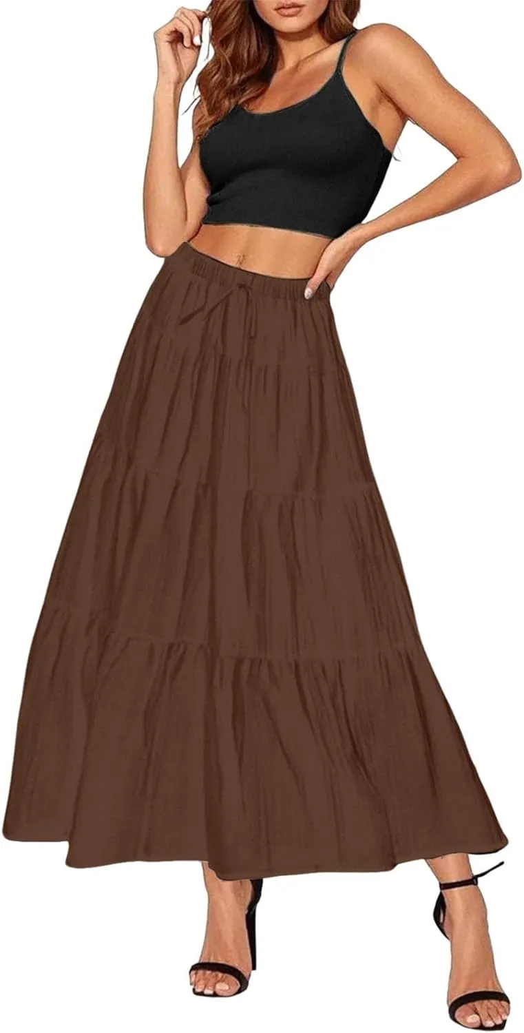 XOWRTE Women's Flowy Flared Ruffle Boho Long Skirt Summer Maxi Skirt A-Line Fashion Trendy Elastic Waist Pleated Beach Dress