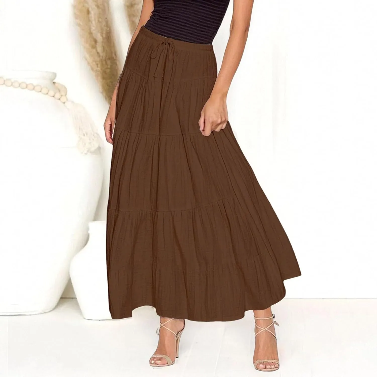 XOWRTE Women's Flowy Flared Ruffle Boho Long Skirt Summer Maxi Skirt A-Line Fashion Trendy Elastic Waist Pleated Beach Dress