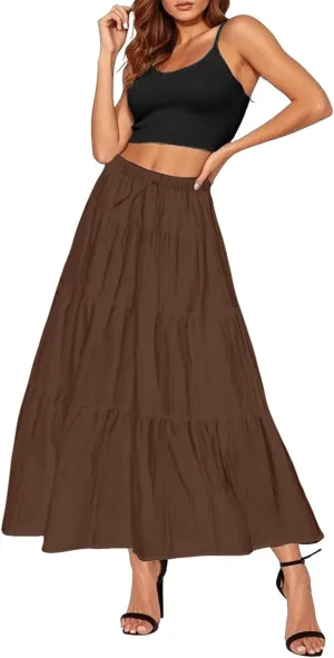 XOWRTE Women's Flowy Flared Ruffle Boho Long Skirt Summer Maxi Skirt A-Line Fashion Trendy Elastic Waist Pleated Beach Dress