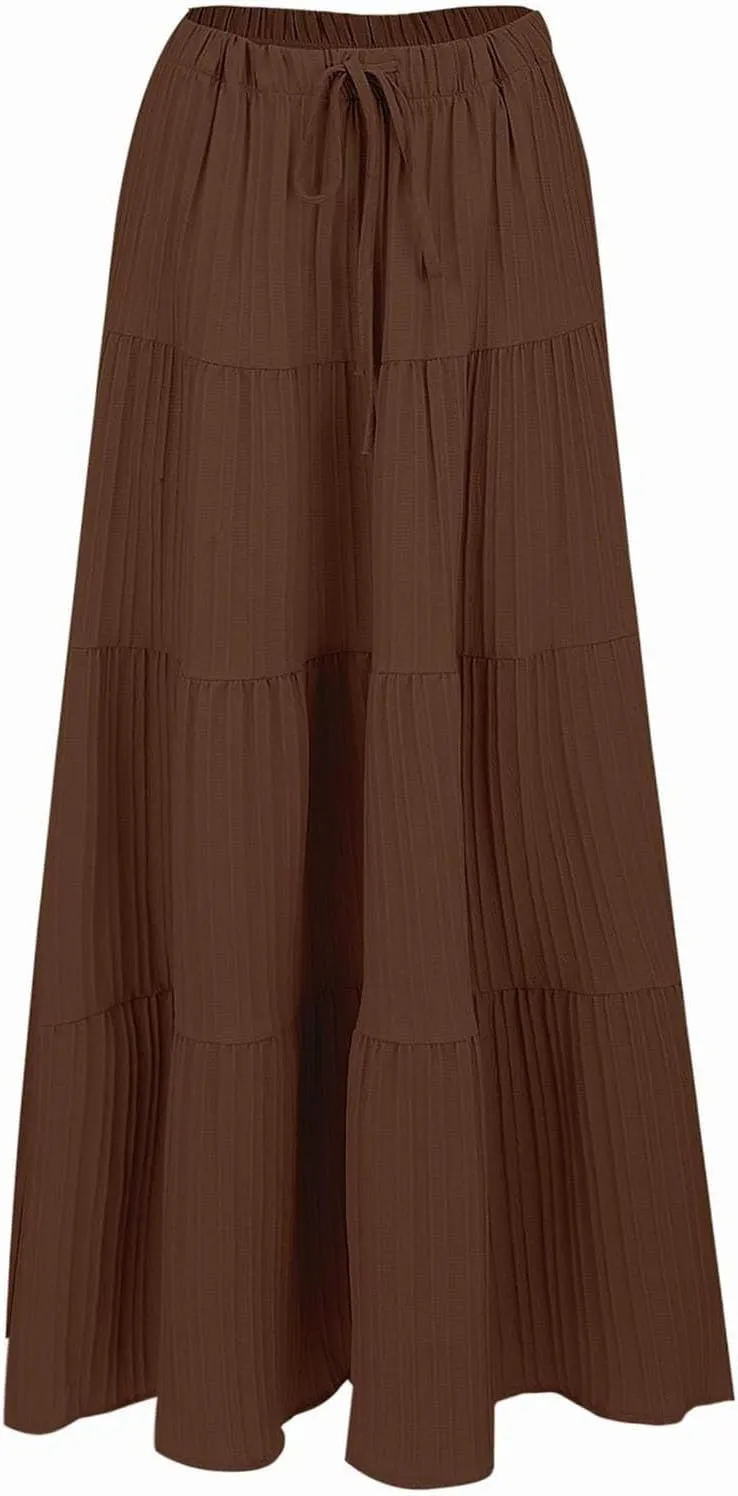 XOWRTE Women's Flowy Flared Ruffle Boho Long Skirt Summer Maxi Skirt A-Line Fashion Trendy Elastic Waist Pleated Beach Dress