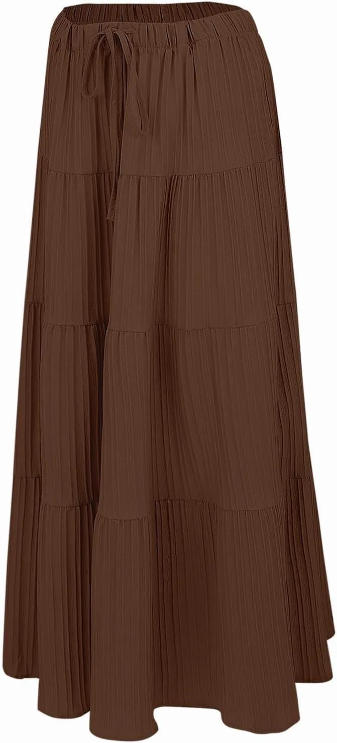 XOWRTE Women's Flowy Flared Ruffle Boho Long Skirt Summer Maxi Skirt A-Line Fashion Trendy Elastic Waist Pleated Beach Dress