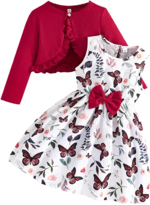 Yanmucy 2PCS Little Toddler Girls Dress with Cardigan Floral Dresses Ruffle Shrug Sweaters Spring Full Clothes for 2-8 Years