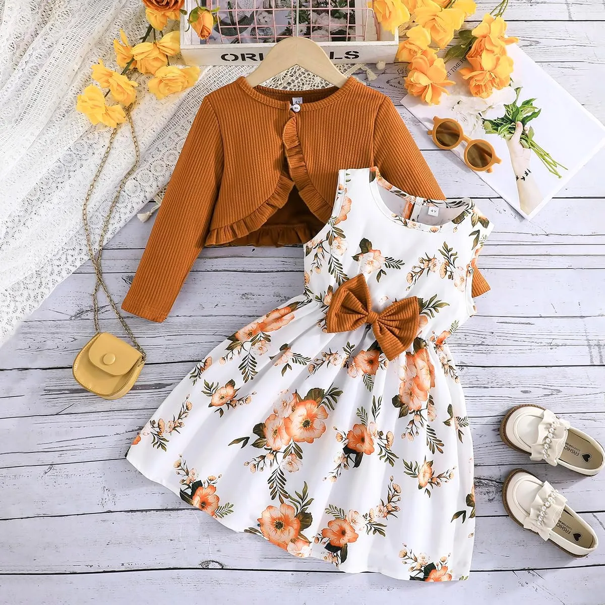 Yanmucy 2PCS Little Toddler Girls Dress with Cardigan Floral Dresses Ruffle Shrug Sweaters Spring Full Clothes for 2-8 Years