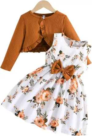 Yanmucy 2PCS Little Toddler Girls Dress with Cardigan Floral Dresses Ruffle Shrug Sweaters Spring Full Clothes for 2-8 Years