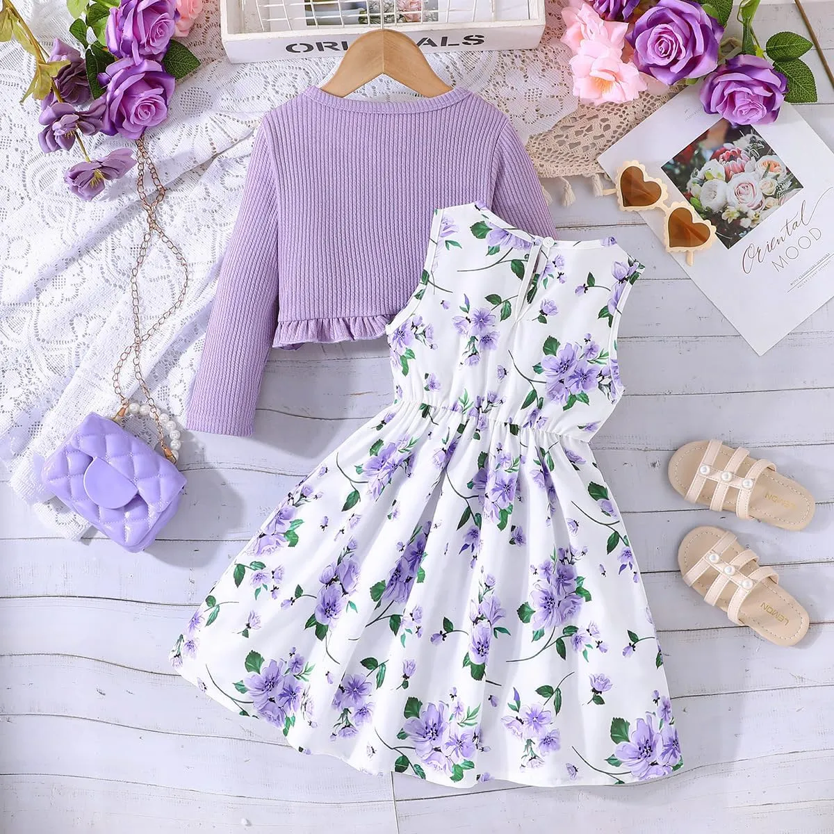 Yanmucy 2PCS Little Toddler Girls Dress with Cardigan Floral Dresses Ruffle Shrug Sweaters Spring Full Clothes for 2-8 Years