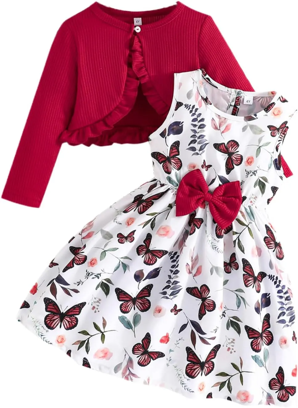 Yanmucy 2PCS Little Toddler Girls Dress with Cardigan Floral Dresses Ruffle Shrug Sweaters Spring Full Clothes for 2-8 Years