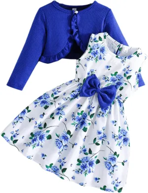 Yanmucy 2PCS Little Toddler Girls Dress with Cardigan Floral Dresses Ruffle Shrug Sweaters Spring Full Clothes for 2-8 Years