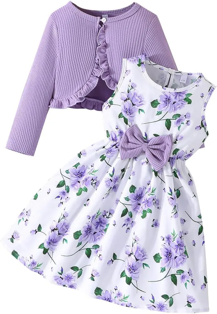Yanmucy 2PCS Little Toddler Girls Dress with Cardigan Floral Dresses Ruffle Shrug Sweaters Spring Full Clothes for 2-8 Years