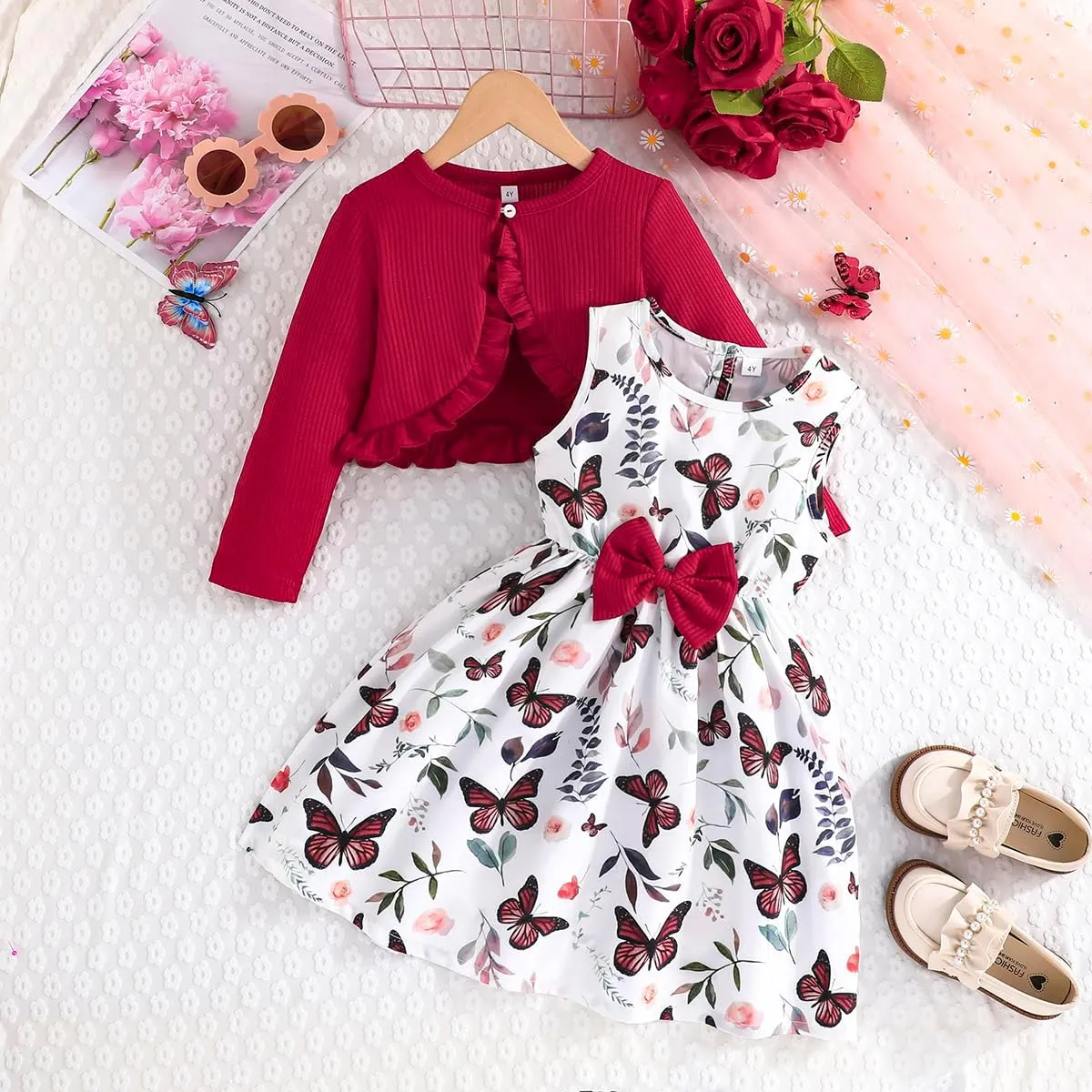 Yanmucy 2PCS Little Toddler Girls Dress with Cardigan Floral Dresses Ruffle Shrug Sweaters Spring Full Clothes for 2-8 Years