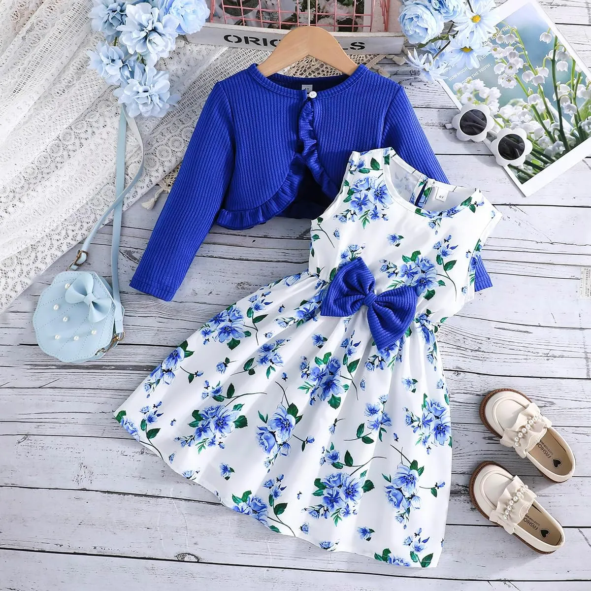 Yanmucy 2PCS Little Toddler Girls Dress with Cardigan Floral Dresses Ruffle Shrug Sweaters Spring Full Clothes for 2-8 Years