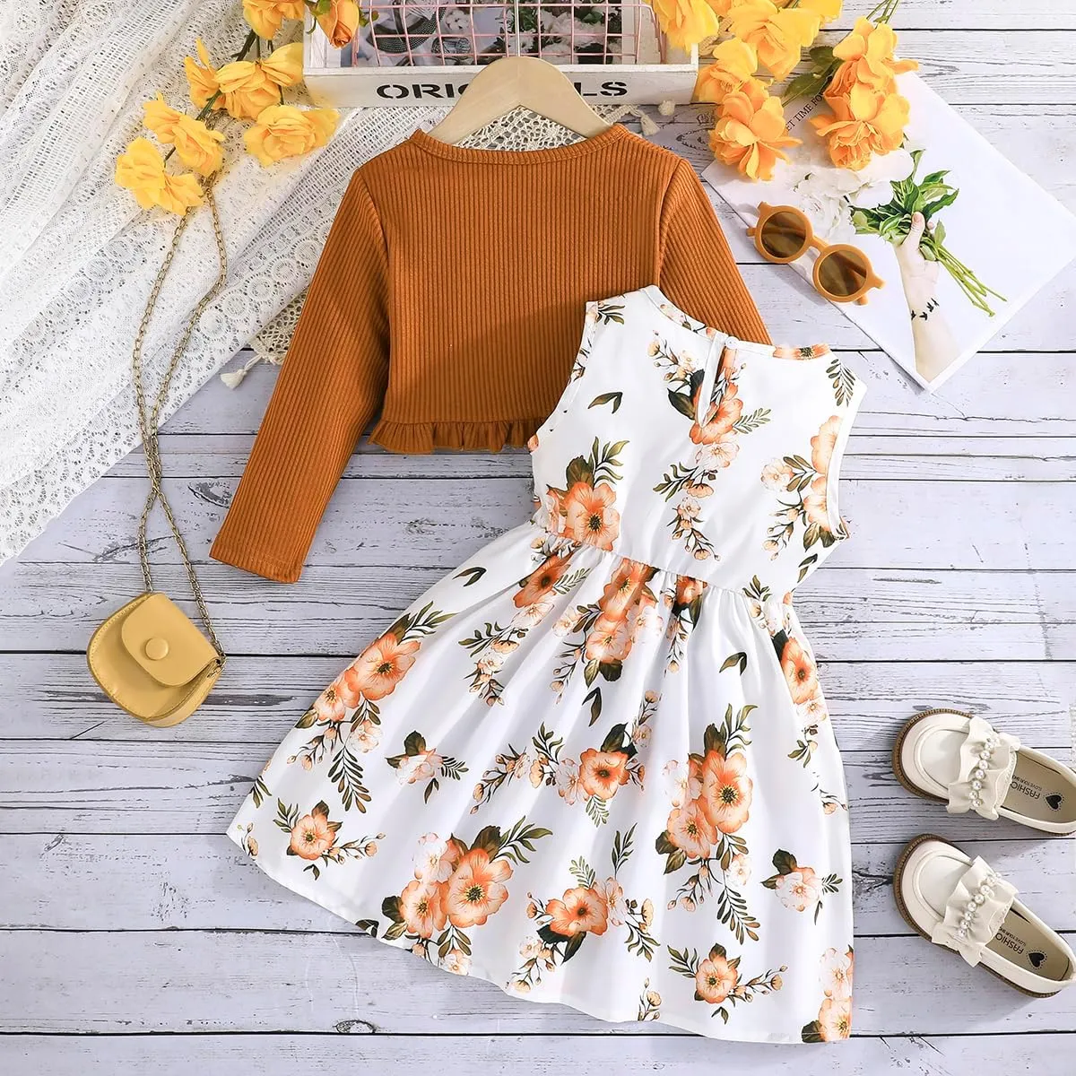 Yanmucy 2PCS Little Toddler Girls Dress with Cardigan Floral Dresses Ruffle Shrug Sweaters Spring Full Clothes for 2-8 Years