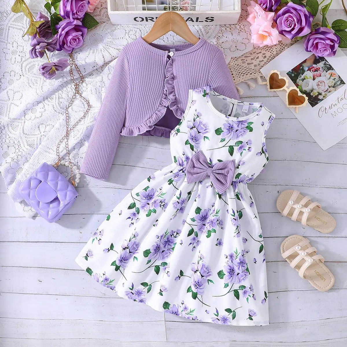 Yanmucy 2PCS Little Toddler Girls Dress with Cardigan Floral Dresses Ruffle Shrug Sweaters Spring Full Clothes for 2-8 Years