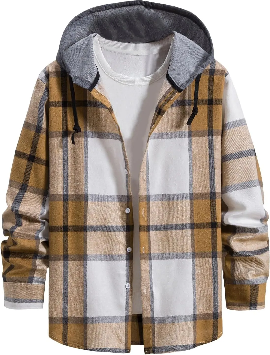 Ymosrh Men's Shirts with Hoods Plaid Shirts Jacket Casual Long Sleeve Button Down Lightweight Hooded Shirt, M-2XL
