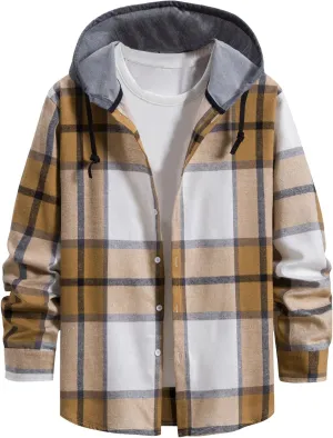 Ymosrh Men's Shirts with Hoods Plaid Shirts Jacket Casual Long Sleeve Button Down Lightweight Hooded Shirt, M-2XL