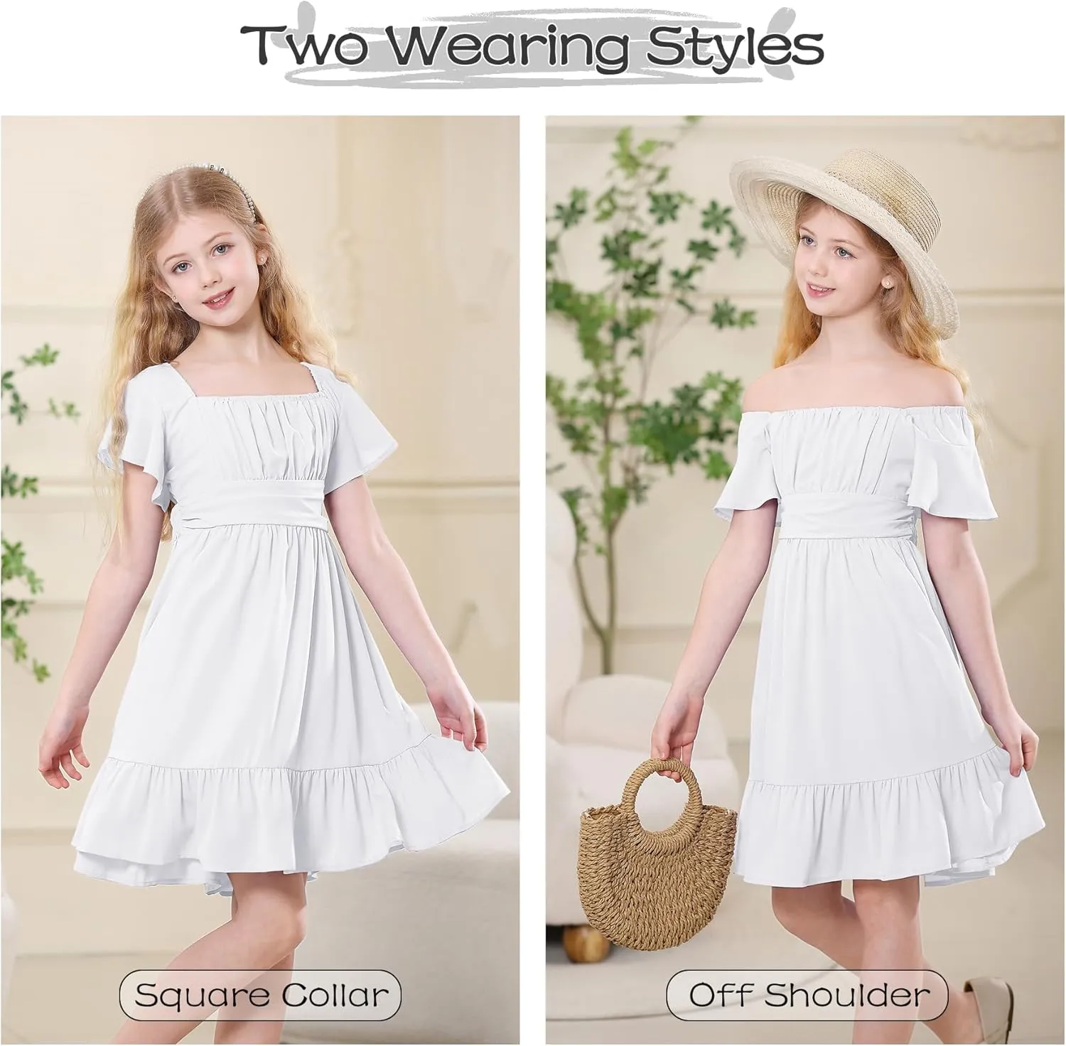Zando Girls Dresses Tie Back Dress for Girls Ruffle Short Sleeve Dresses Tween Kids Off Shoulder Junior Dress 6-16 Years