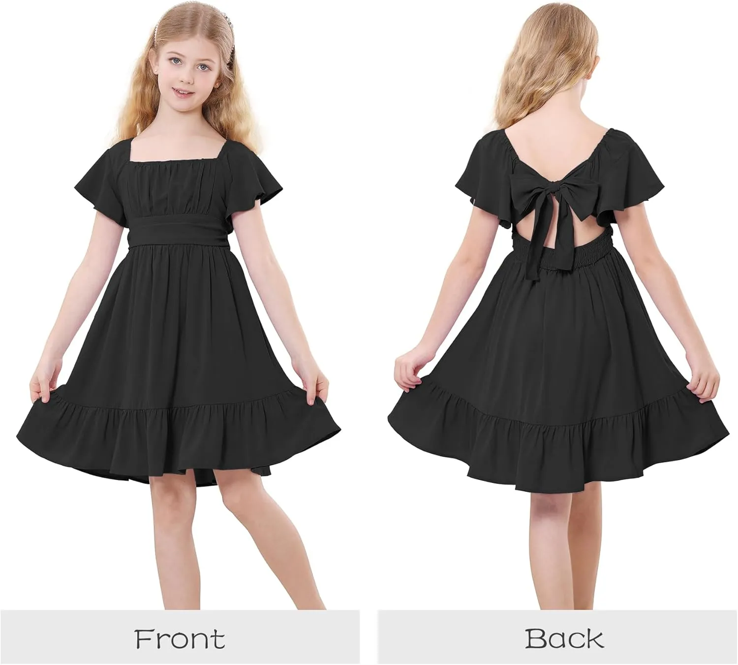 Zando Girls Dresses Tie Back Dress for Girls Ruffle Short Sleeve Dresses Tween Kids Off Shoulder Junior Dress 6-16 Years