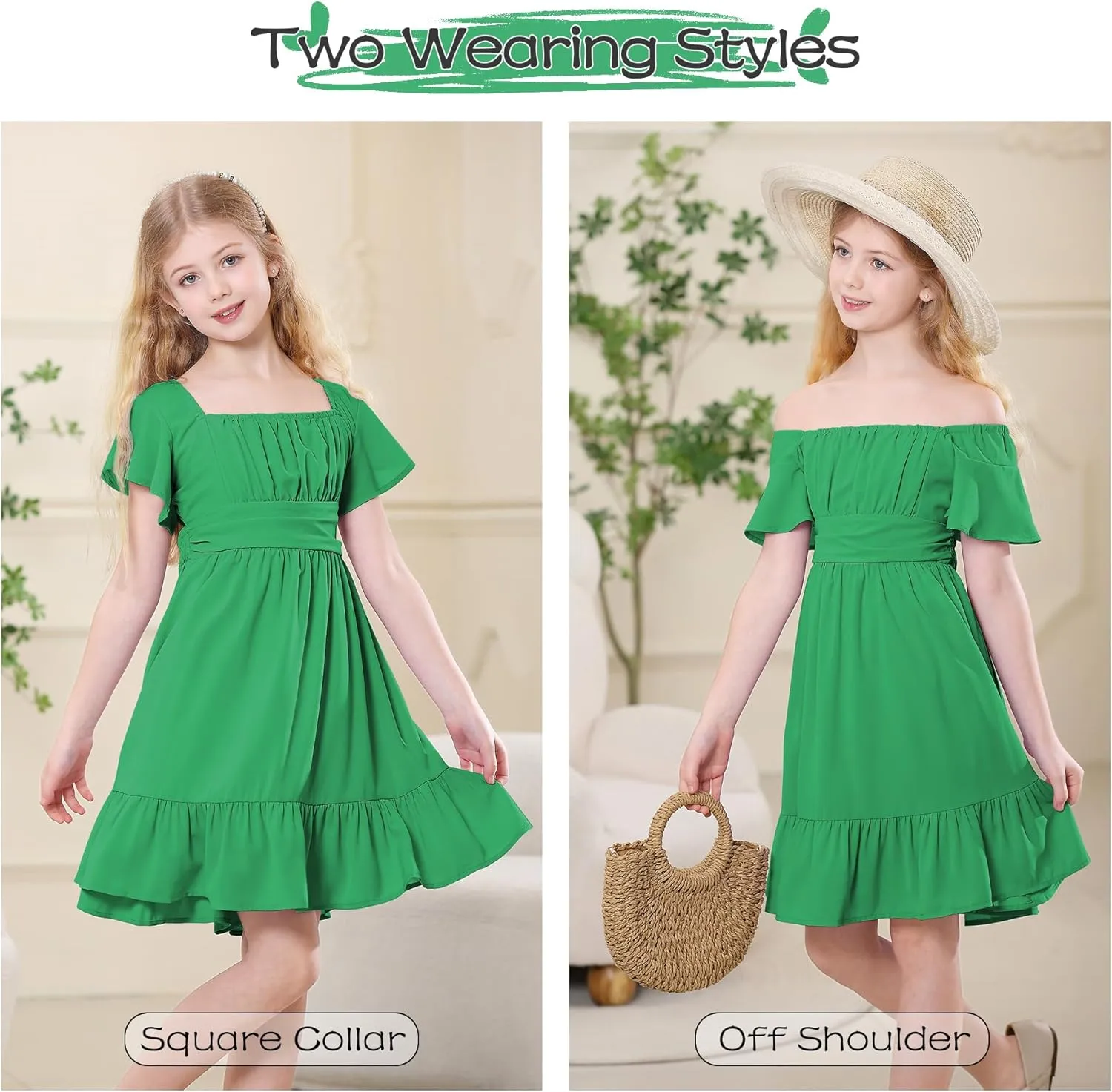 Zando Girls Dresses Tie Back Dress for Girls Ruffle Short Sleeve Dresses Tween Kids Off Shoulder Junior Dress 6-16 Years