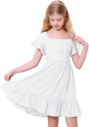 Zando Girls Dresses Tie Back Dress for Girls Ruffle Short Sleeve Dresses Tween Kids Off Shoulder Junior Dress 6-16 Years