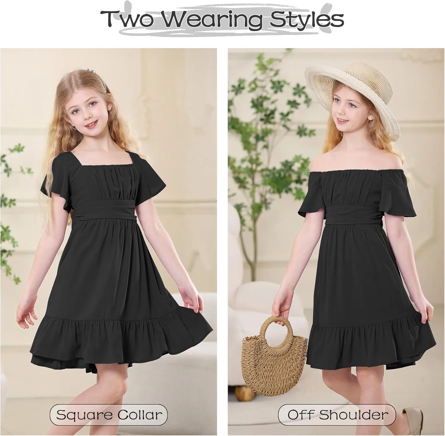 Zando Girls Dresses Tie Back Dress for Girls Ruffle Short Sleeve Dresses Tween Kids Off Shoulder Junior Dress 6-16 Years