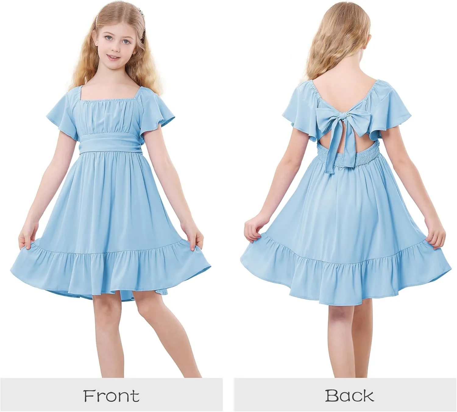 Zando Girls Dresses Tie Back Dress for Girls Ruffle Short Sleeve Dresses Tween Kids Off Shoulder Junior Dress 6-16 Years