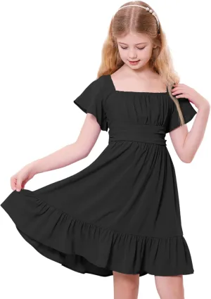 Zando Girls Dresses Tie Back Dress for Girls Ruffle Short Sleeve Dresses Tween Kids Off Shoulder Junior Dress 6-16 Years