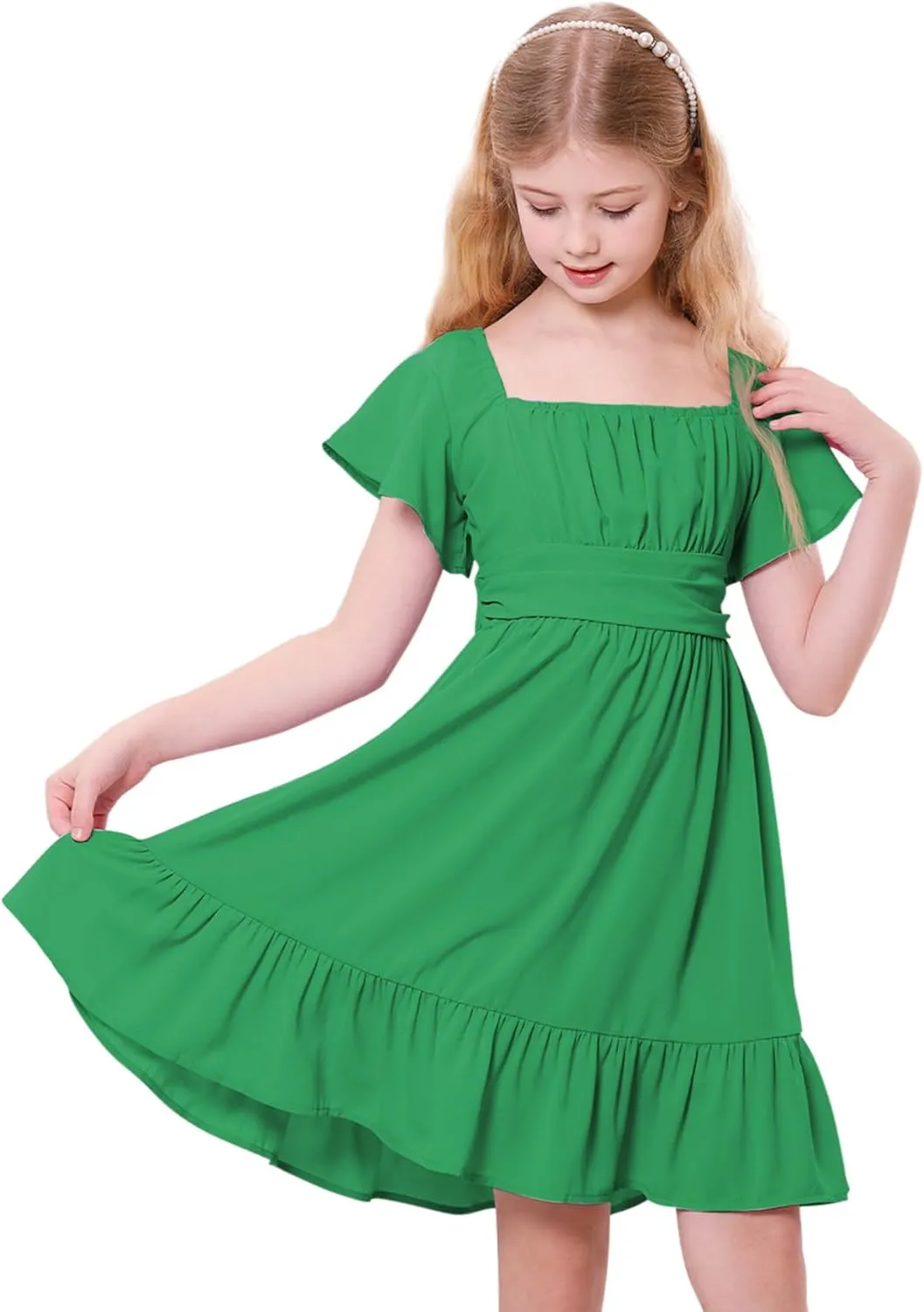 Zando Girls Dresses Tie Back Dress for Girls Ruffle Short Sleeve Dresses Tween Kids Off Shoulder Junior Dress 6-16 Years