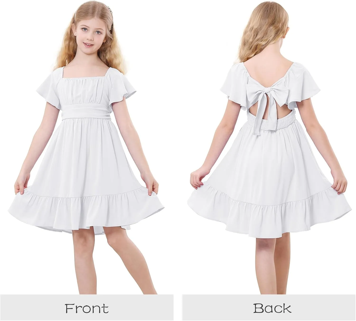 Zando Girls Dresses Tie Back Dress for Girls Ruffle Short Sleeve Dresses Tween Kids Off Shoulder Junior Dress 6-16 Years
