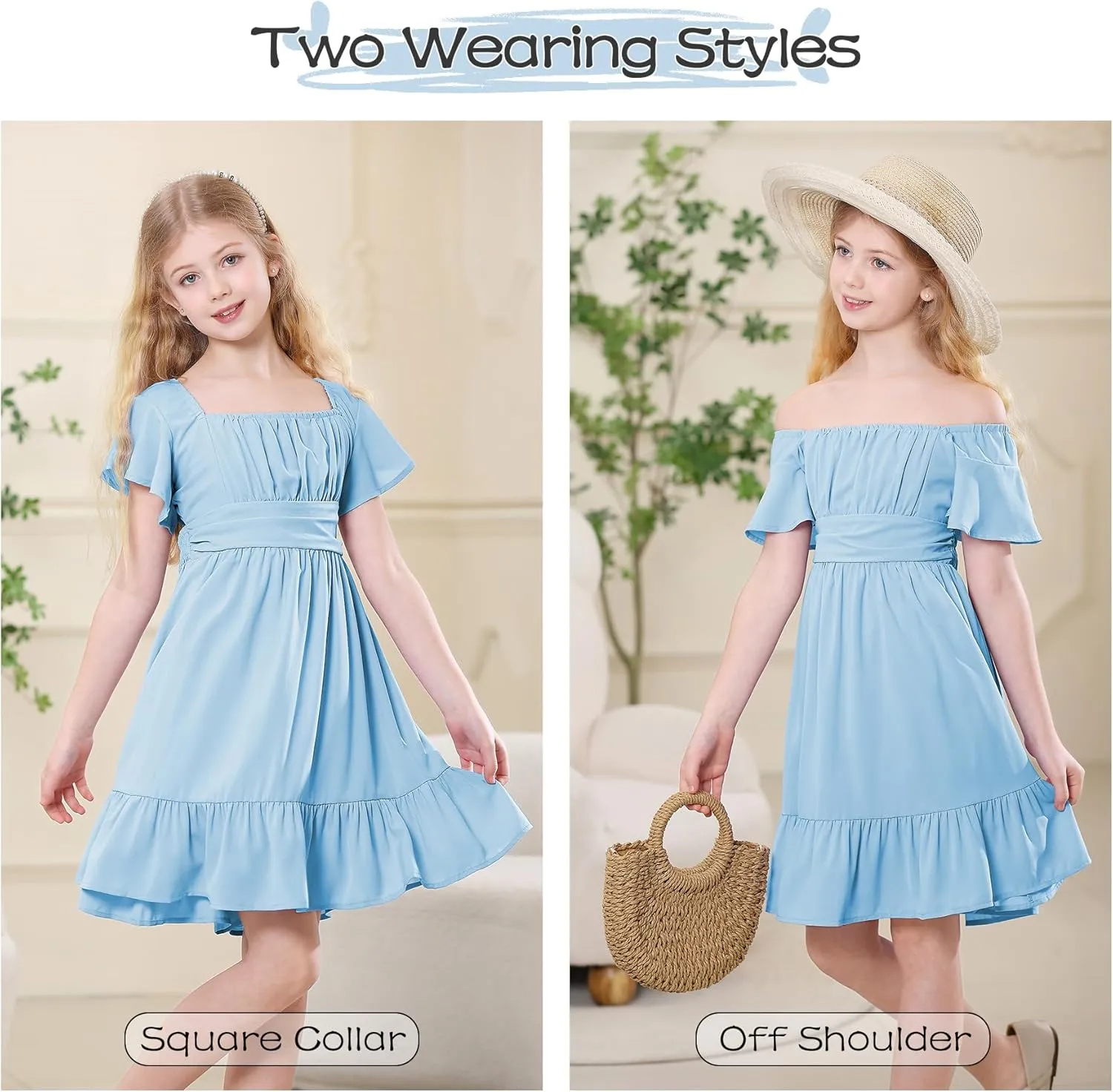 Zando Girls Dresses Tie Back Dress for Girls Ruffle Short Sleeve Dresses Tween Kids Off Shoulder Junior Dress 6-16 Years
