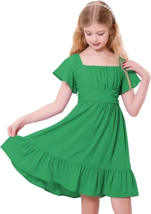 Zando Girls Dresses Tie Back Dress for Girls Ruffle Short Sleeve Dresses Tween Kids Off Shoulder Junior Dress 6-16 Years