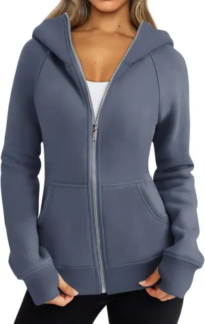 Zip Up Hoodies for Women Oversized Lightweight Fleece Jacket Long Sleeve Hooded Sweatshirt Y2K Fall Winter Clothes