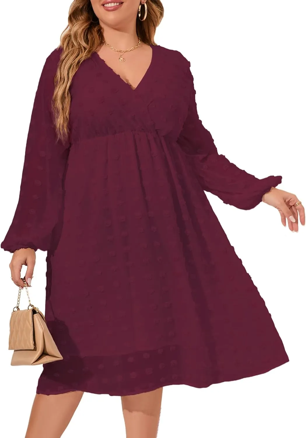 ZOMVA Women's Plus Size Swiss Dot Midi Dress Chiffon Long Sleeve Dresses Wrap V Neck Crew Neck Flowy High Waist