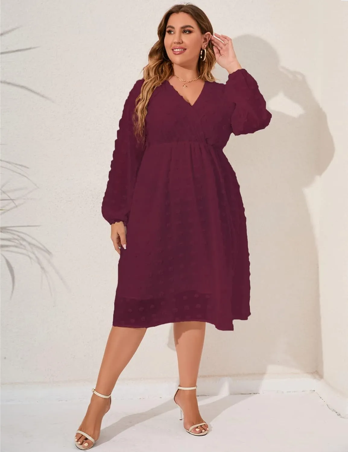 ZOMVA Women's Plus Size Swiss Dot Midi Dress Chiffon Long Sleeve Dresses Wrap V Neck Crew Neck Flowy High Waist