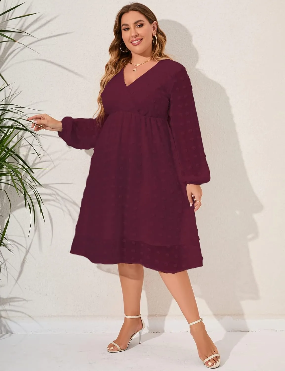 ZOMVA Women's Plus Size Swiss Dot Midi Dress Chiffon Long Sleeve Dresses Wrap V Neck Crew Neck Flowy High Waist