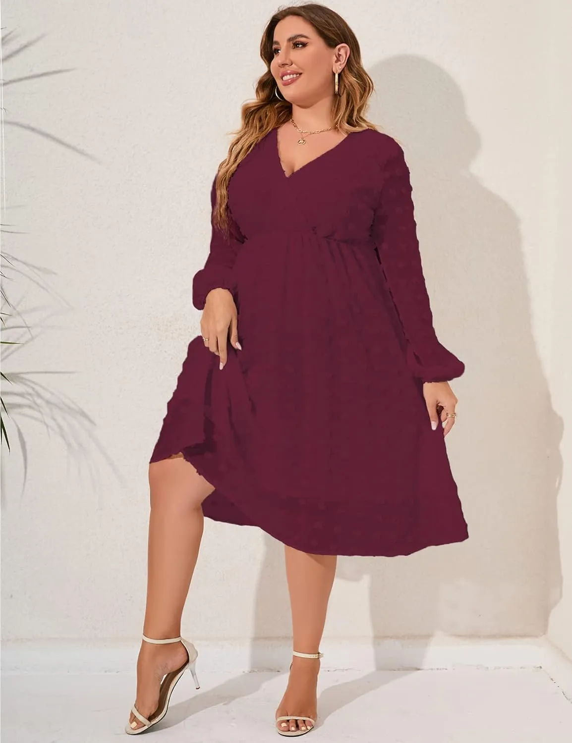ZOMVA Women's Plus Size Swiss Dot Midi Dress Chiffon Long Sleeve Dresses Wrap V Neck Crew Neck Flowy High Waist